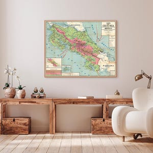 Mappa scolastica d'epoca della Costa Rica, stampa d'arte antica della Costa Rica, regali della Costa Rica.