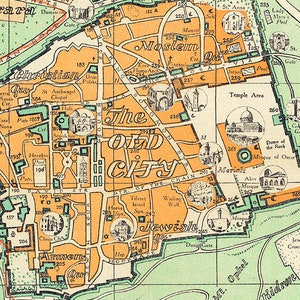 Vintage Pictorial Travel Map of Jerusalem, Shows Old City, New Quarter ...