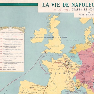 Historical map titled "LA VIE DE NAPOLÉON-BONAPARTE," depicting Europe and North Africa with colored routes and arrows showing Napoleon's military campaigns and conquests from 1769 to 1821.