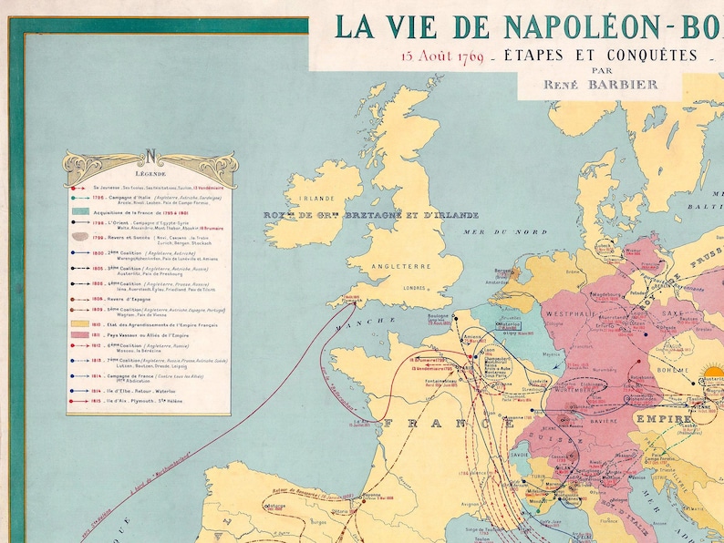 Historical map titled "LA VIE DE NAPOLÉON-BONAPARTE," depicting Europe and North Africa with colored routes and arrows showing Napoleon's military campaigns and conquests from 1769 to 1821.