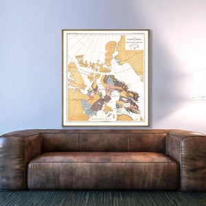 Vintage Karte der Inuit in Nordostamerika, Inuit Landkarte, Inuit Wandkarte, Inuit Wohndekor, Eskimostämme, alte Landkarte, alte Karte