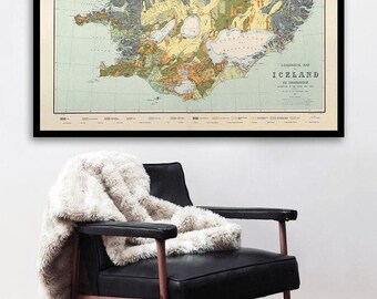 Vintage geological map of Iceland, old Iceland decor gift, Icelandic art print.