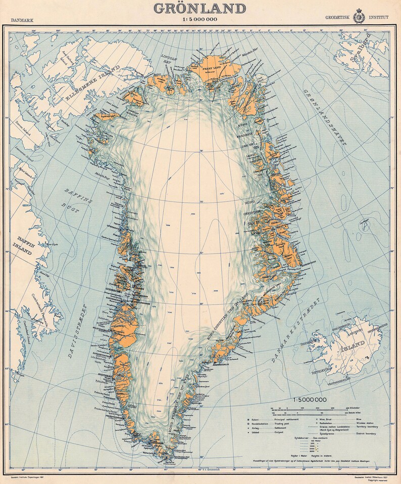 Vintage Map of Greenland Old Greenland Map Greenland Wall Etsy