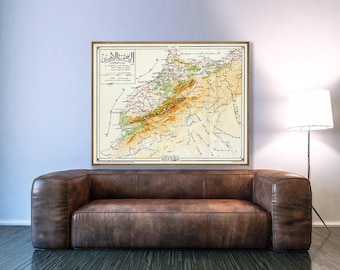 Old Morocco map (Arabic language), vintage Moroccan decor gift.