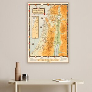 Palestina de las Cruzadas, mapa antiguo de Tierra Santa durante la época medieval de las guerras religiosas, mapa antiguo de Palestina, arte mural de Tierra Santa.