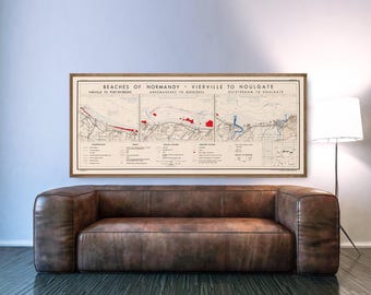 Impresión del mapa del Día D de Normandía: Arte mural de las playas del desembarco de la Segunda Guerra Mundial