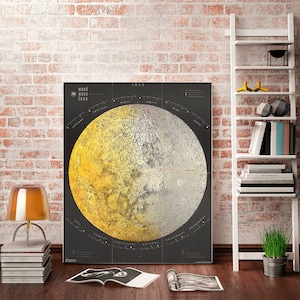 Muurkunst maan, maankaart met reliëf, markeringen op het oppervlak en landingsplekken, grote maanposter, vintage maanmuurdecoratie, oude maankunst.
