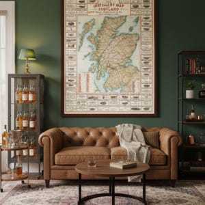 Mapa de destilerías de Escocia: impresión vintage de la región del whisky, arte mural de un antiguo bar de whisky escocés.