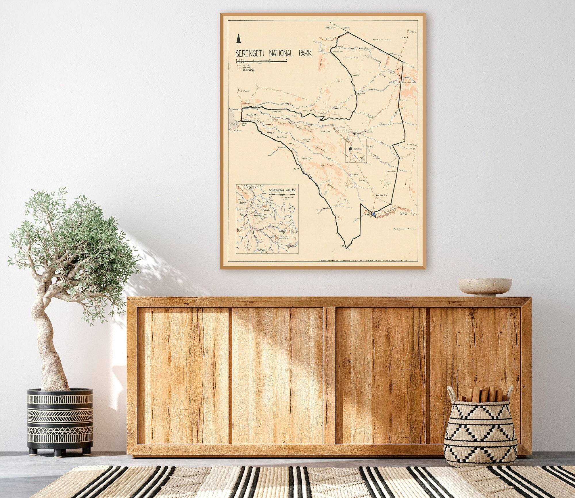 Serengeti national park in northern Tanzania, iconic protected area wildlife reserve, Mara River, Africa decor wall map print.