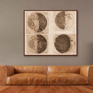 Mondzeichnungen von Galileo Galilei, die erste realistische Darstellung des Mondes in der Geschichte wie er mit Galileis Teleskop gesehen wurde, antike Mondkunst.
