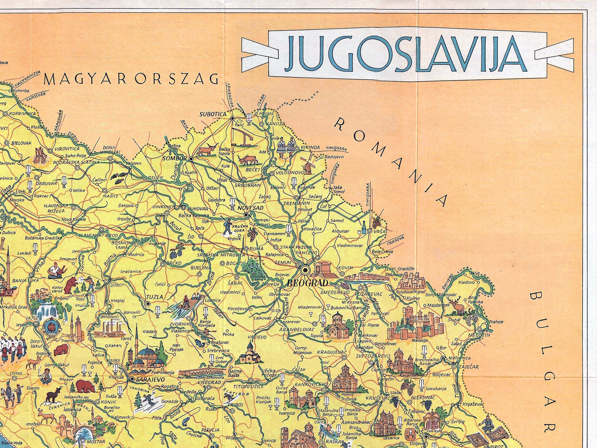 Antique Yugoslavia Travel Map 1954, Jugoslavija Tourism