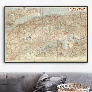 carte vintage de l'Algérie, estampe de l'Algérie ancienne, affiche de la carte de l'Algérie, art mural de l'Algérie, impression d'art de l'Algérie, cadeaux de l'Algérie.