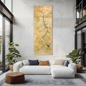 Vintage kaartafdruk Rijndal: van St. Gotthard tot Katwijk, historische reisposter Rijn, muurdecor Rijn.