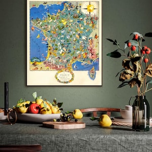 Gastronomic Trip Map, Vintage 1948 France Print - Illustrated Culinary Regions, Wine Specialties, Paper Or Canvas