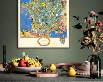 Gastronomic Trip Map, Vintage 1948 France Print - Illustrated Culinary Regions, Wine Specialties, Paper Or Canvas
