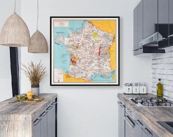 Vintage France Food & Wine Map | Bourguignon "Carte Gastronomique" Print | French Country Kitchen Decor