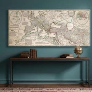 Historical map showing the Roman Empire and surrounding barbarian tribes in 400 AD, by cartographer Guillaume Delisle.