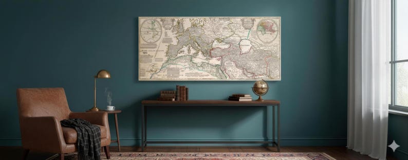 Historical map showing the Roman Empire and surrounding barbarian tribes in 400 AD, by cartographer Guillaume Delisle.
