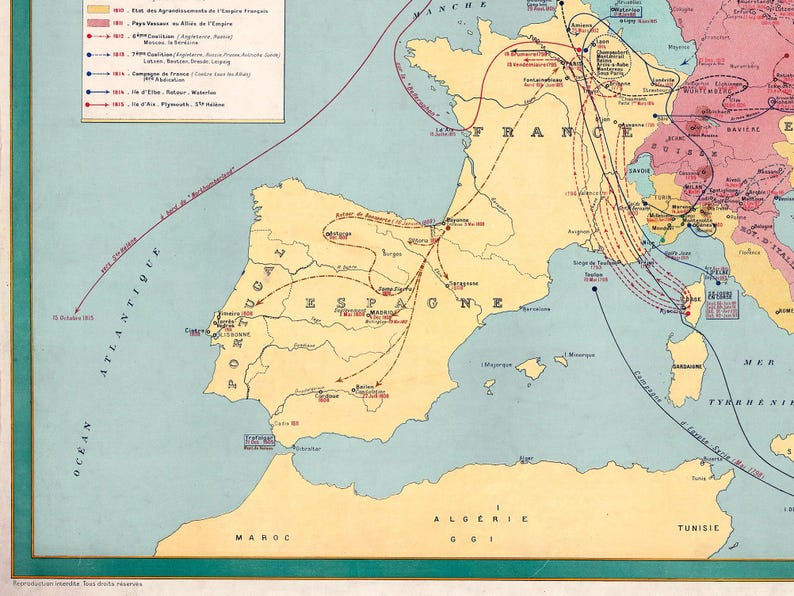 Historical map titled "LA VIE DE NAPOLÉON-BONAPARTE," depicting Europe and North Africa with colored routes and arrows showing Napoleon's military campaigns and conquests from 1769 to 1821.