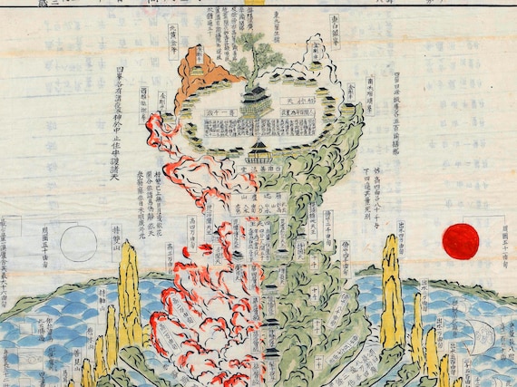 Antique Japanese Mount Meru Map: Edo Buddhist Cosmology Art