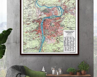 Vintage kaartafdruk Praag: plattegrond van de oude stad, muurkunst Tsjechië