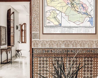 Impresión de mapa de Irak de la década de 1940: arte mural de sitios históricos antiguos