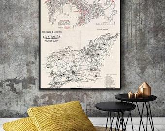 Vintage map of A Coruña, Corunna, Galicia Spain gift decor.