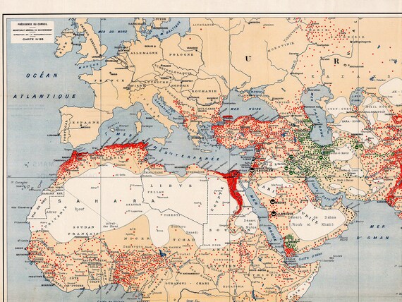 世界中のイスラム教の分布を示すビンテージ地図、世界のイスラム