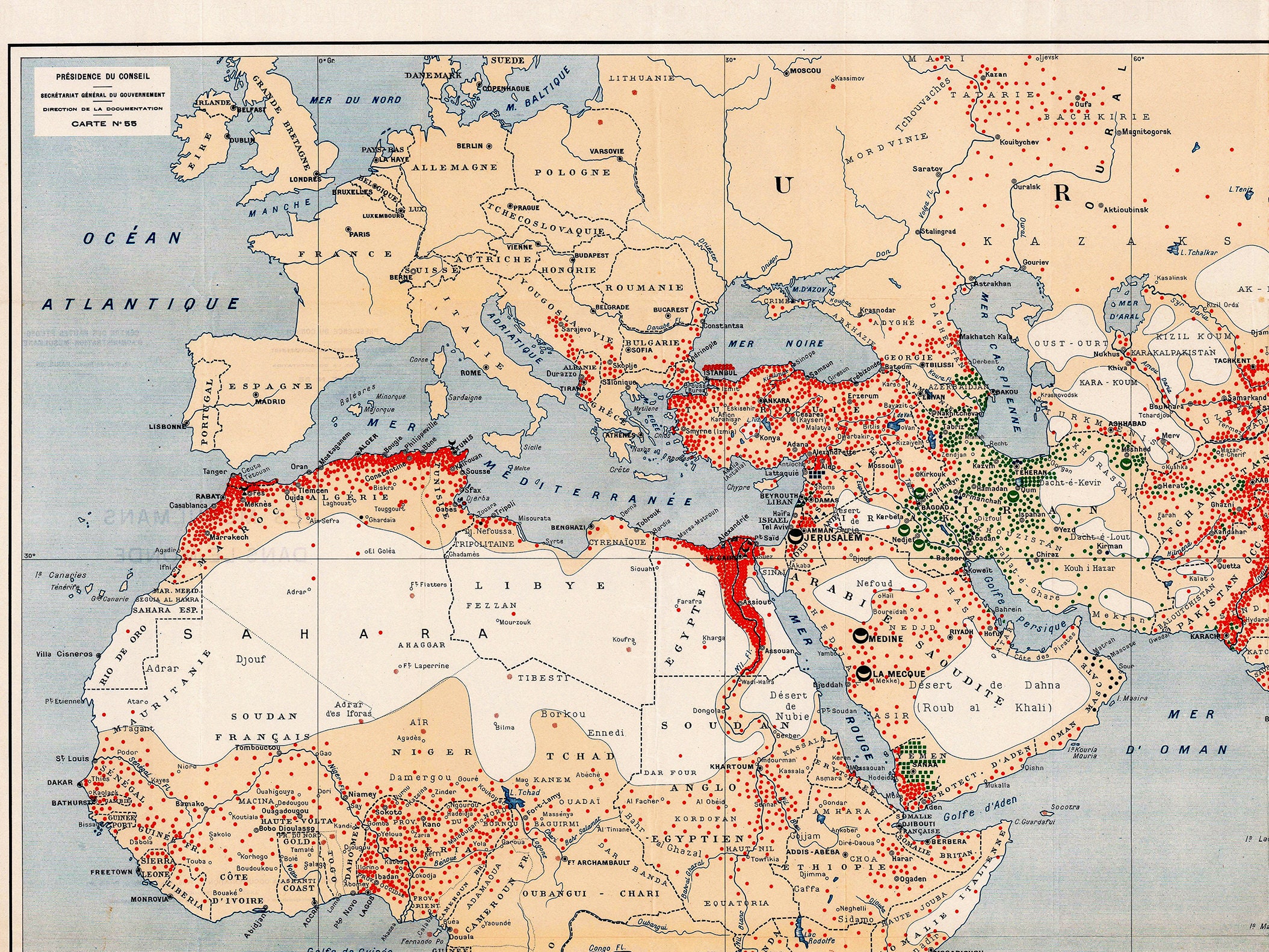 世界中のイスラム教の分布を示すビンテージ地図、世界のイスラム