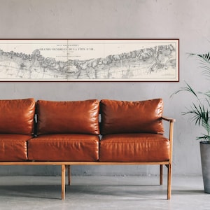 Puede incluir: Un mapa vintage enmarcado titulado "GRANDS VIGNOBLES DE LA COTE D'OR" en blanco y negro, cuelga sobre un sofá de cuero marrón. Una planta alta en maceta con hojas verdes se encuentra a la derecha, contra una pared gris.