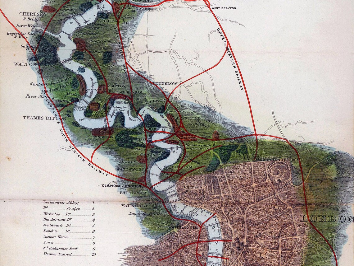 Thames River Map Art Vintage Map of Thames River Old Thames - Etsy