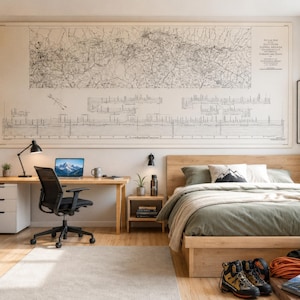 May include: A well-lit bedroom and office space with a large map on the wall. A wooden desk with a laptop and black office chair sits in front of the map. A bed with green bedding and a nightstand are on the right. Hiking boots and gear are on the floor.