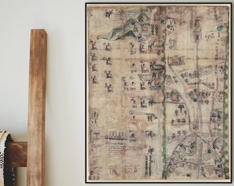 Codex Quetzalecatzin Art Print: Mesoamerican Aztec Decor – Nahuatl Hieroglyphs Map | Paper or Gallery-Wrapped Canvas