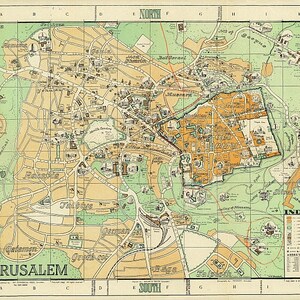 Vintage Pictorial Travel Map of Jerusalem, Shows Old City, New Quarter ...