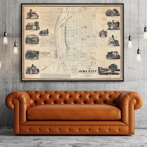 Iowa City and its environs wall map, old large Iowa home decor.