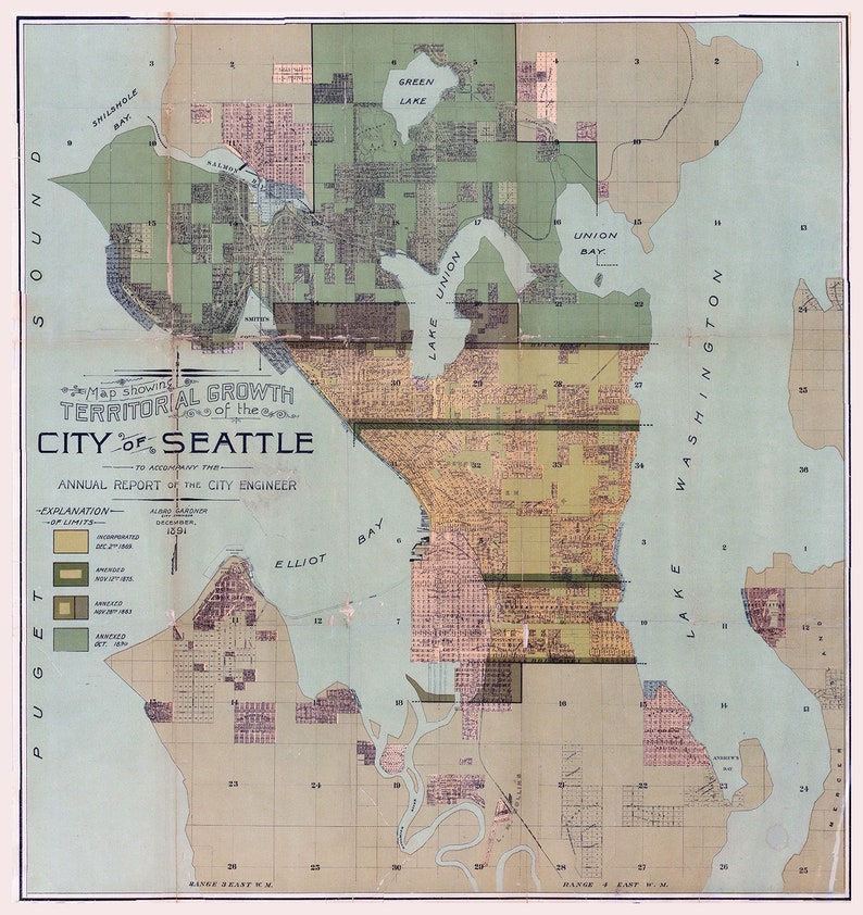 Vintage Map of Seattle Old Seattle Map Seattle Wall Map Etsy