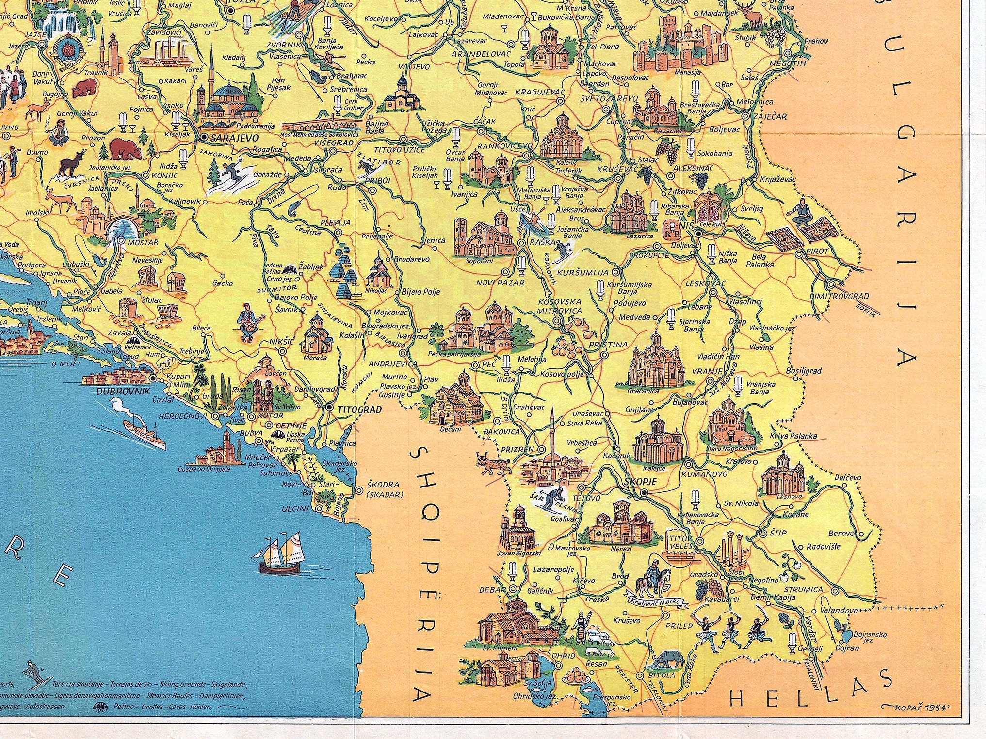 Antique Yugoslavia Travel Map 1954, Jugoslavija Tourism