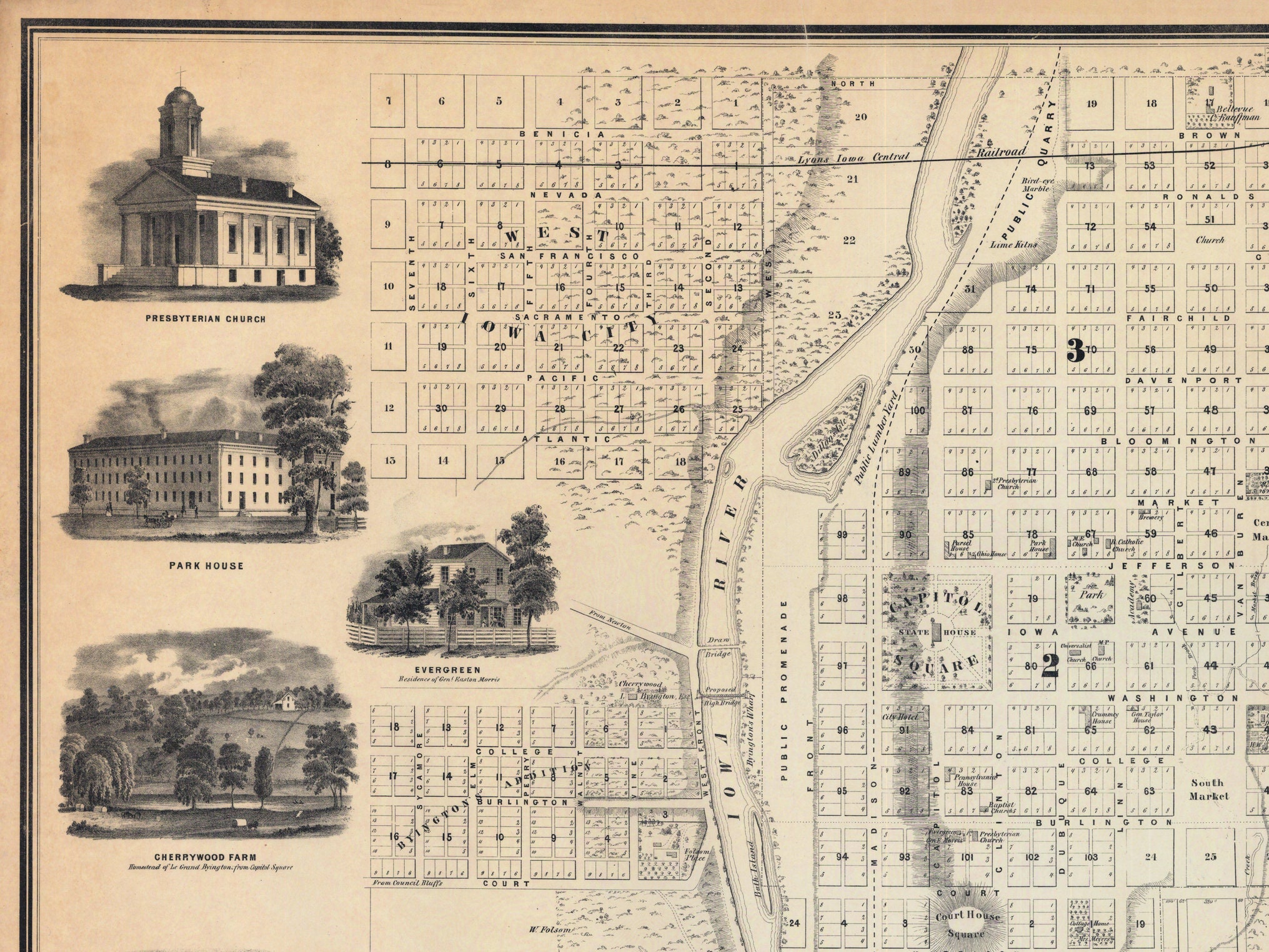 Antique map of Iowa City and its environs old Iowa City map | Etsy