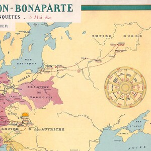 Historical map titled "LA VIE DE NAPOLÉON-BONAPARTE," depicting Europe and North Africa with colored routes and arrows showing Napoleon's military campaigns and conquests from 1769 to 1821.