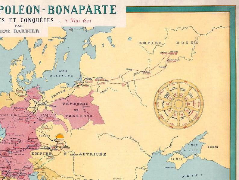 Historical map titled "LA VIE DE NAPOLÉON-BONAPARTE," depicting Europe and North Africa with colored routes and arrows showing Napoleon's military campaigns and conquests from 1769 to 1821.
