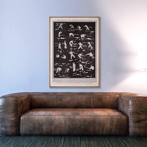 Puede incluir: Un póster de béisbol vintage enmarcado, titulado "Snapshots of the Baseball Field", cuelga sobre un sofá de cuero marrón. El póster presenta ilustraciones en blanco y negro de jugadores de béisbol en varias poses.