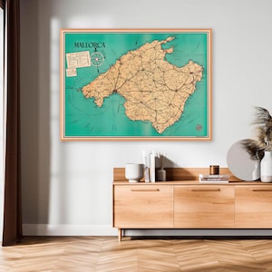 Vintage Mallorca-karta, 1950 Mallorca Spanien väggkonsttryck | Resedekorationer på Balearerna | Papper eller galleriinlindad canvas