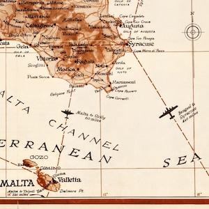Vintage military or historical map of Sicily (Italia) from 1943. The map displays detailed geography, likely with markings related to World War II operations, such as troop movements, landings, or key terrain features of the island.