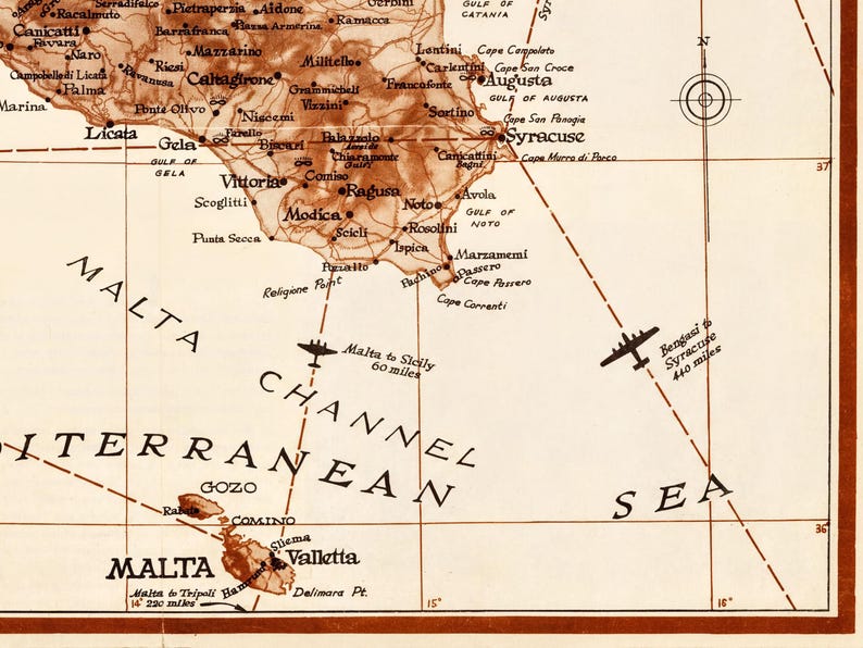 Vintage military or historical map of Sicily (Italia) from 1943. The map displays detailed geography, likely with markings related to World War II operations, such as troop movements, landings, or key terrain features of the island.