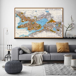 Vintage map of Bergen, old Bergen map, Bergen Norway, Norwegian, Norway maps, Norwegian home decor.