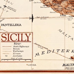 Vintage military or historical map of Sicily (Italia) from 1943. The map displays detailed geography, likely with markings related to World War II operations, such as troop movements, landings, or key terrain features of the island.