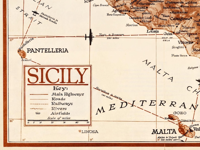 Vintage military or historical map of Sicily (Italia) from 1943. The map displays detailed geography, likely with markings related to World War II operations, such as troop movements, landings, or key terrain features of the island.