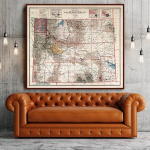 Carte du Wyoming 1912 | Carte de l'ancien État du Wyoming avec cartes en médaillon d'Evanston, Laramie, Sheridan et Cheyenne | Décoration murale historique