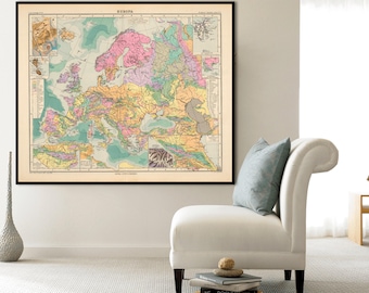 Vintage Europe Geological Map: 1882 Lithograph Art Print