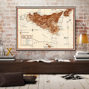 Vintage military or historical map of Sicily (Italia) from 1943. The map displays detailed geography, likely with markings related to World War II operations, such as troop movements, landings, or key terrain features of the island.